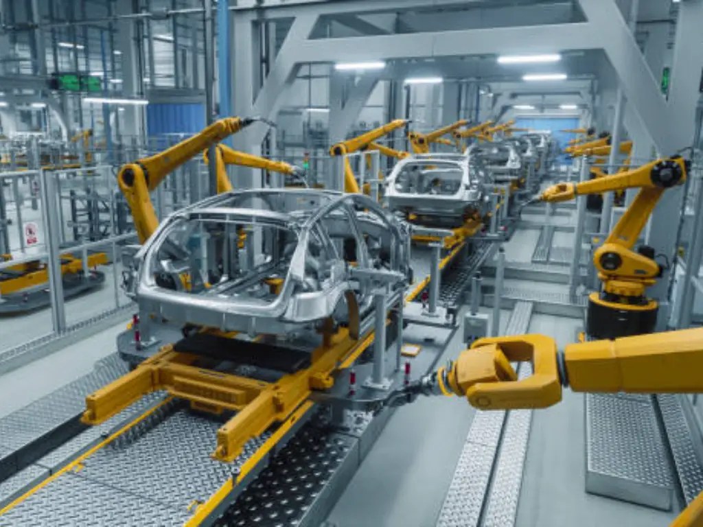 Ligne de production industrielle illustrant les économies d'échelle et la baisse du coût unitaire