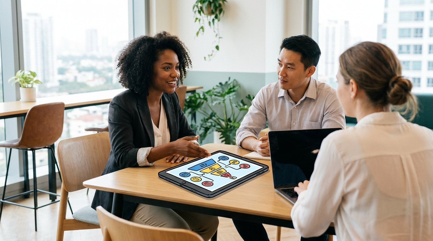 Conseiller commercial présentant une solution technique à un client professionnel dans un bureau